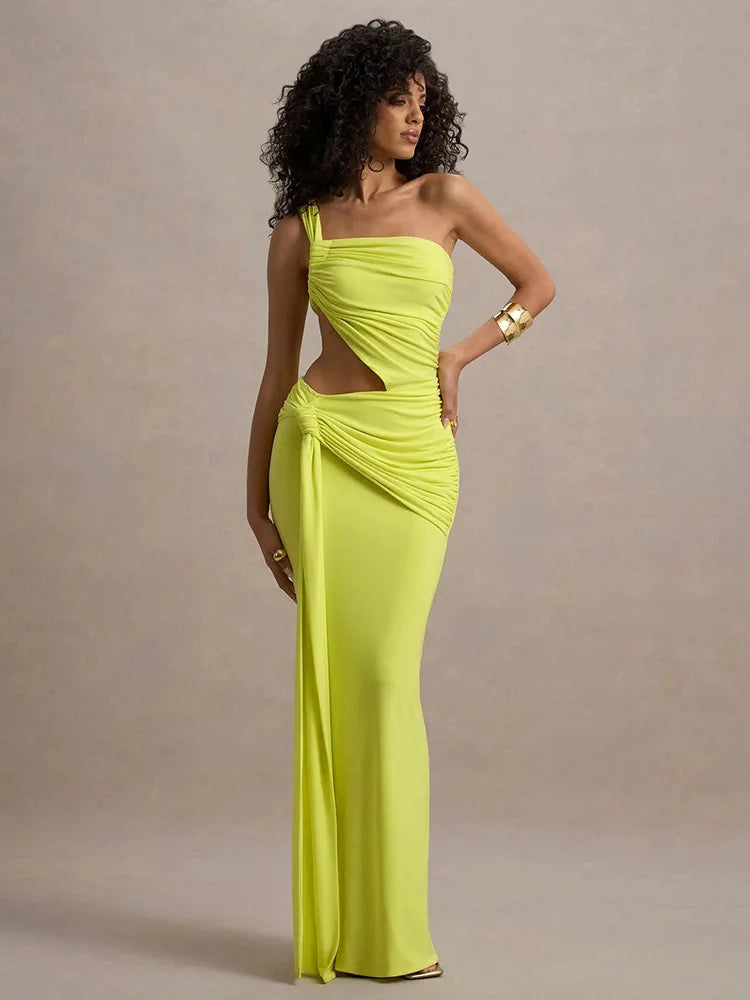 Mozision Irregular Ruched Sexy Maxi Dress For Women Gown Hollow Out One Shoulder Sleevelessdraped Bodycon Club Party Long Dress