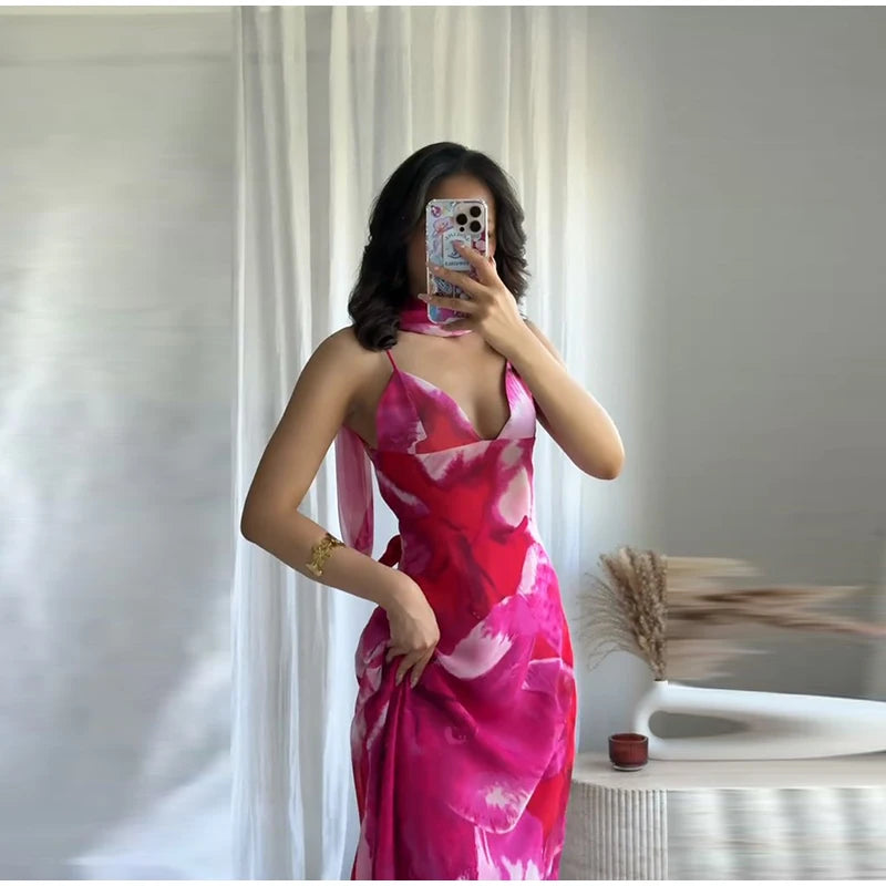 Elegant Printed Tighte Waist Women's Long Dress V-neck Slim A-line Robe 2025 Summer Beach Holiday Style Female's Long Dresses