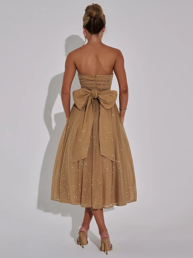 Mozision Off-shoulder Backless Bow Sexy Maxi Dress For Women Strapless Sleeveless A-line Loose Pleated Sexy Long Dress Clubwear