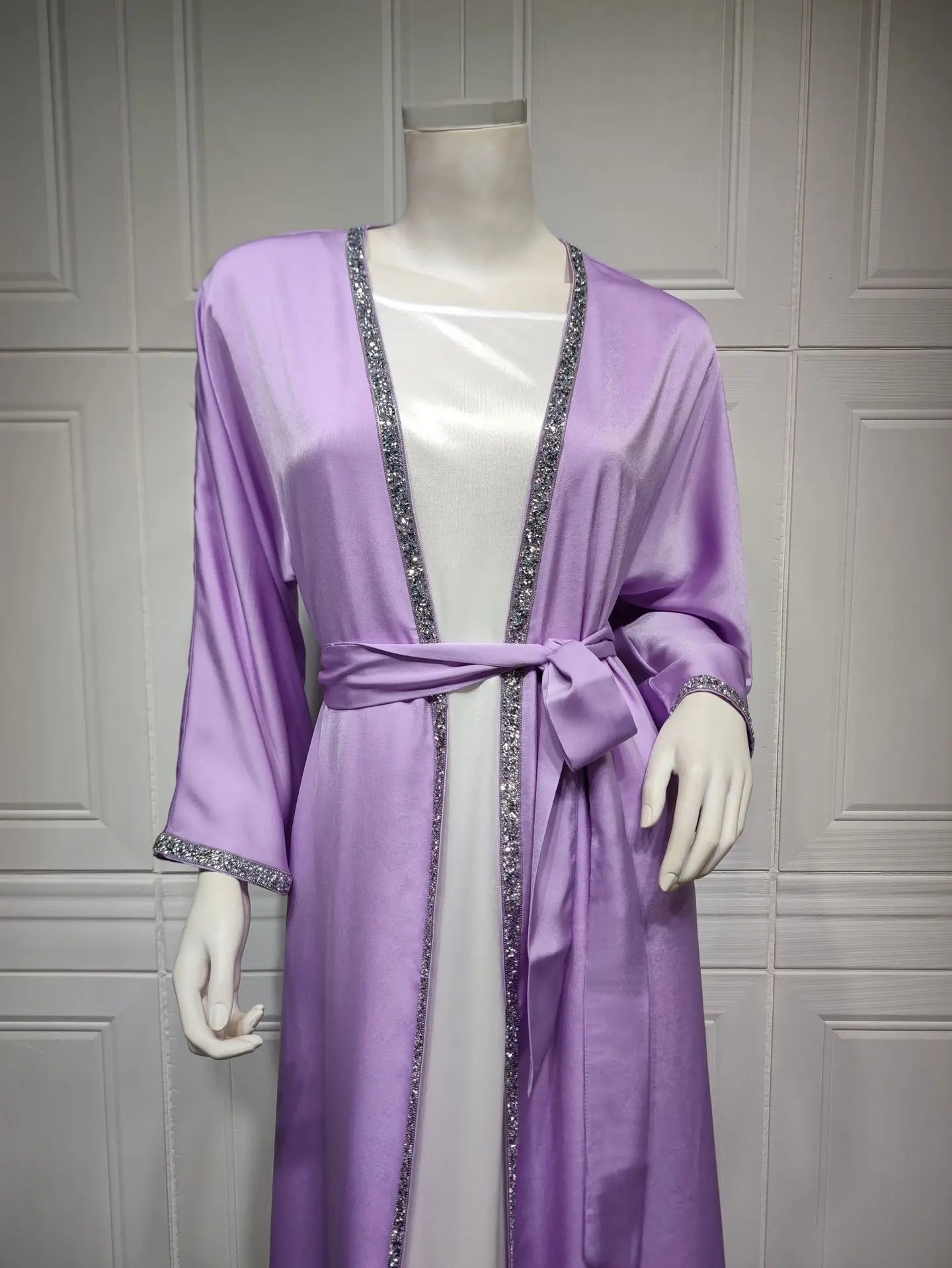2024 Muslim Dress Diamond Women's Long Dress Fashion Long Sleeve Lace-up Long Abayas Casual Solid Color Clothes for Muslim Women