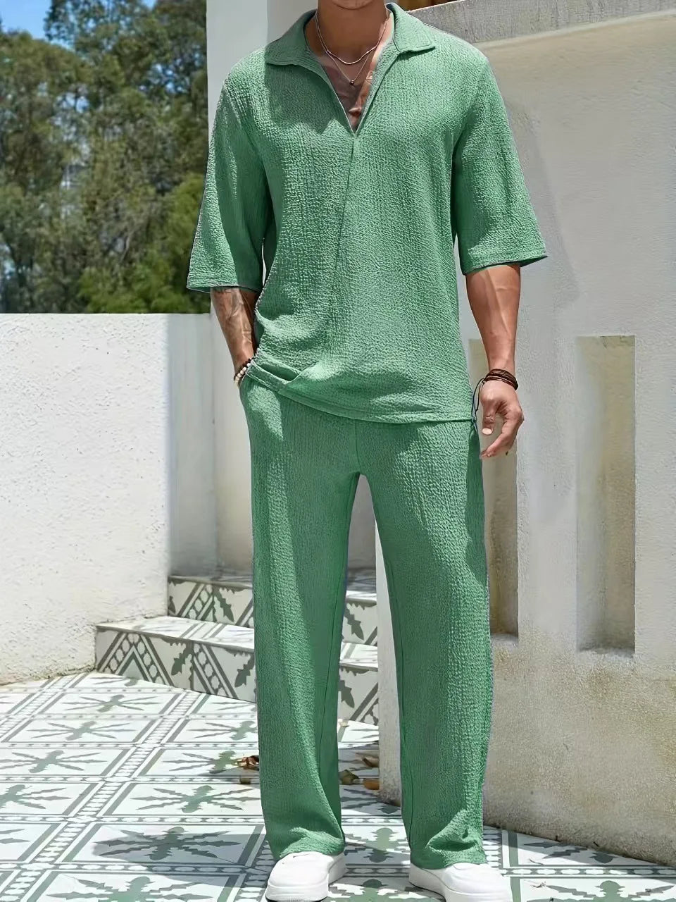 2025 Europe and the United States men's new spring half-sleeve shirt pants solid color suit V-neck design
