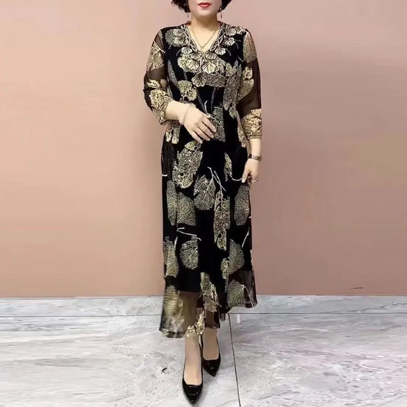 Female Clothing Vintage Leaf Printed Long Dress Elegant V-Neck Spring Summer New Casual 3/4 Sleeve Chic Diamonds A-Line Dresses