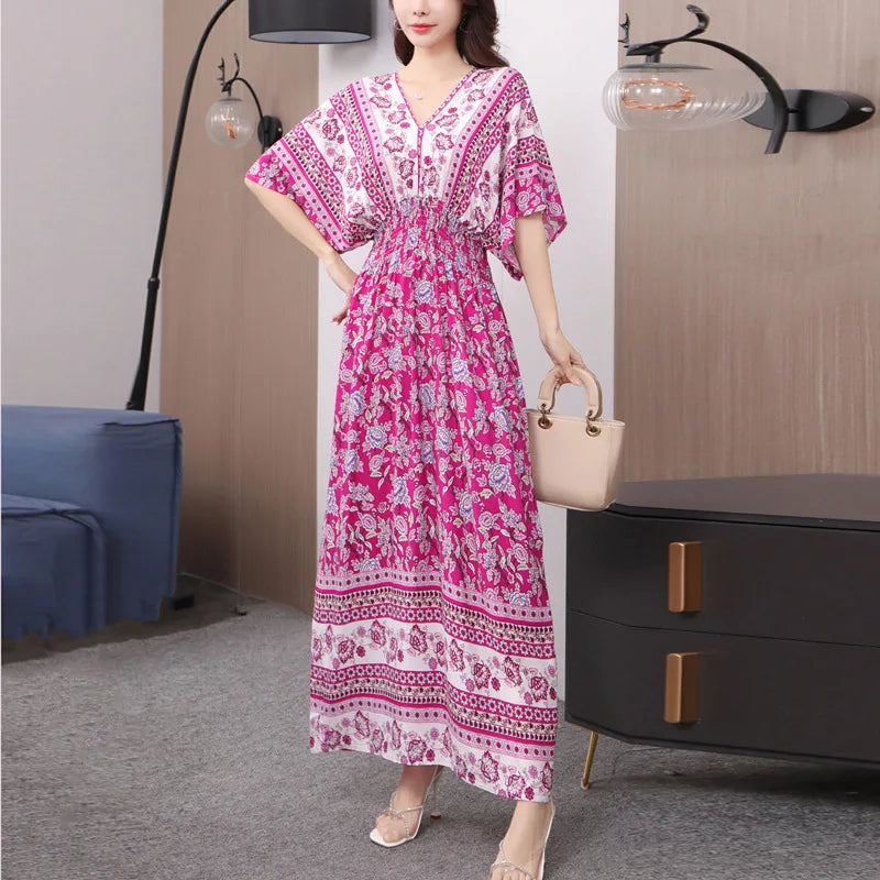 V-neck Large Skirt Hem Casual Sweet Holiday Long Dress Bat Sleeves Elastic Waist Bohemian Print Floral Elegant Dresse For Women