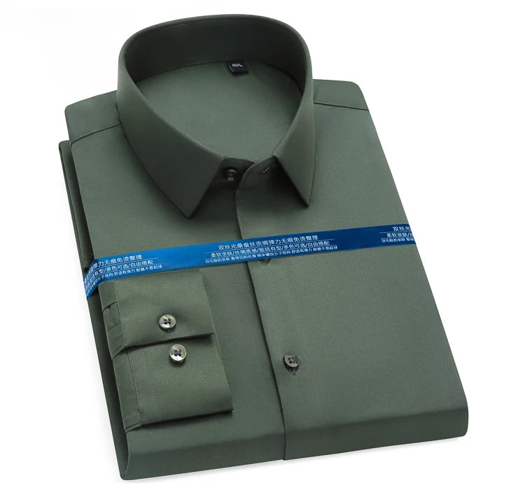 Men's Silk Touch Long Sleeve Non-iron Dress Shirt Without Pocket Stretchy Silky Regular Fit Wrinkle Free Business Casual Shirts