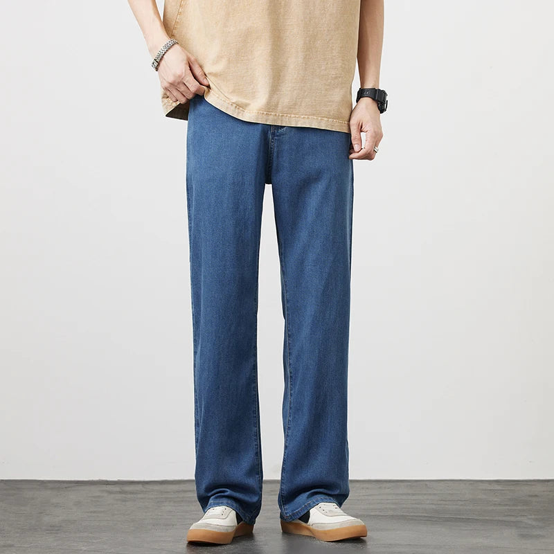 Summer Thin Men's Lyocell Loose Straight Jeans Soft Drape Ice Silk Casual Wide Leg Denim Trousers Fashion Korean Streetwear