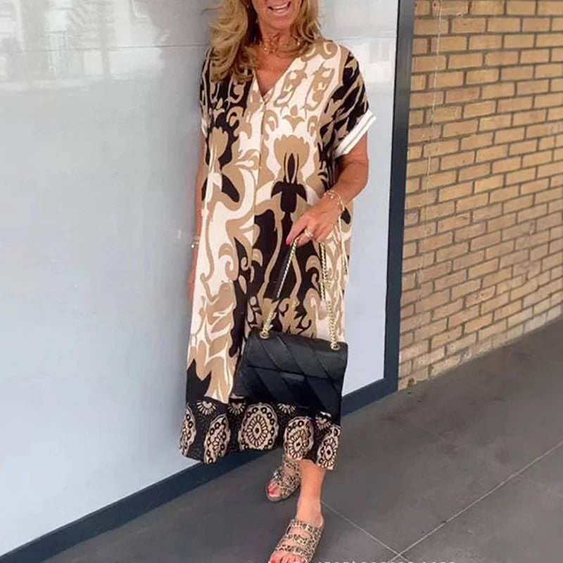 Retro Fashion Spring V Neck Party Dresses Woman Elegant Floral Print A-Line Long Dress 2025 Summer Short Sleeve Loose Boho Dress