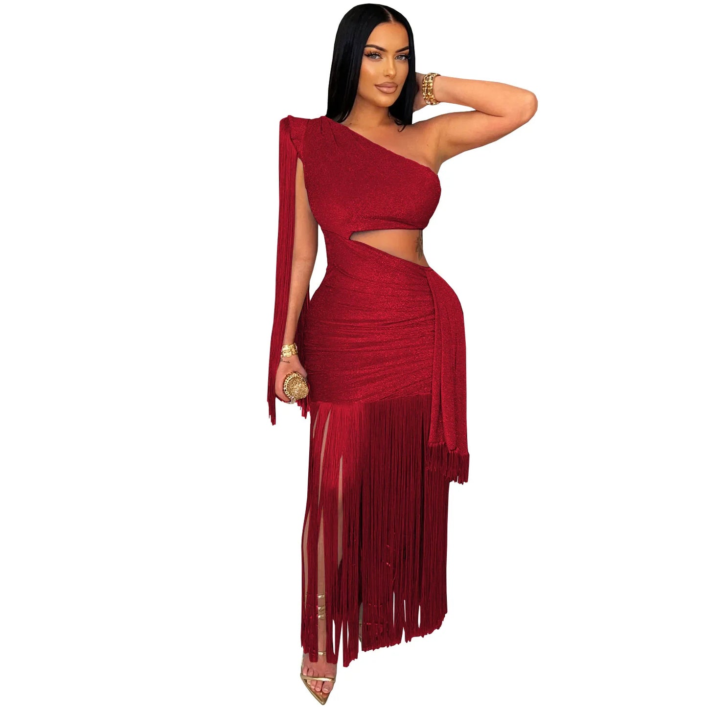 CM.YAYA Women One Shoulder Tassel Sleeveless Long Dress Diagonal Collar Summer Street Evening Sexy Night Party Dresses Vestidos