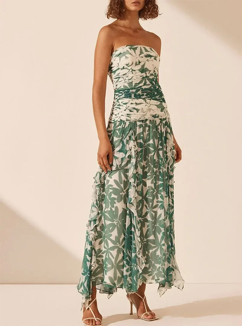 2025spring/summer New Printed Strapless Long Dress with A Stylish Design and Pleated Long Chiffon Dress for Women's Evening Wear