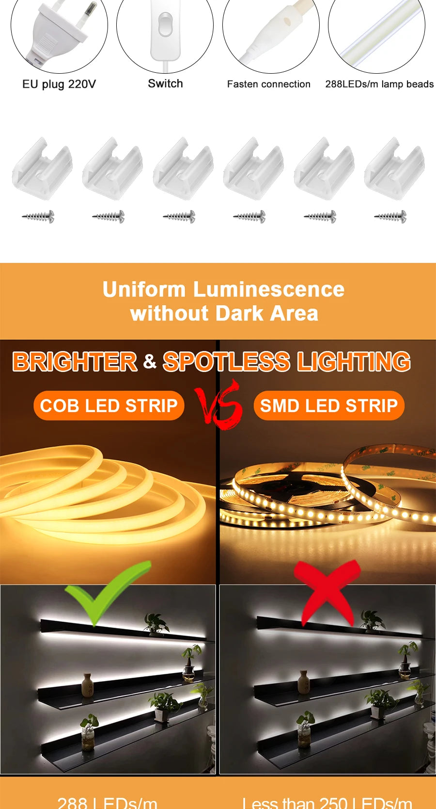 1M-50M 220V COB LED Strip Light 220V Dimmable High Bright LED Strip Waterproof Tape LED For Garden Kitchen Outdoor Strip Light