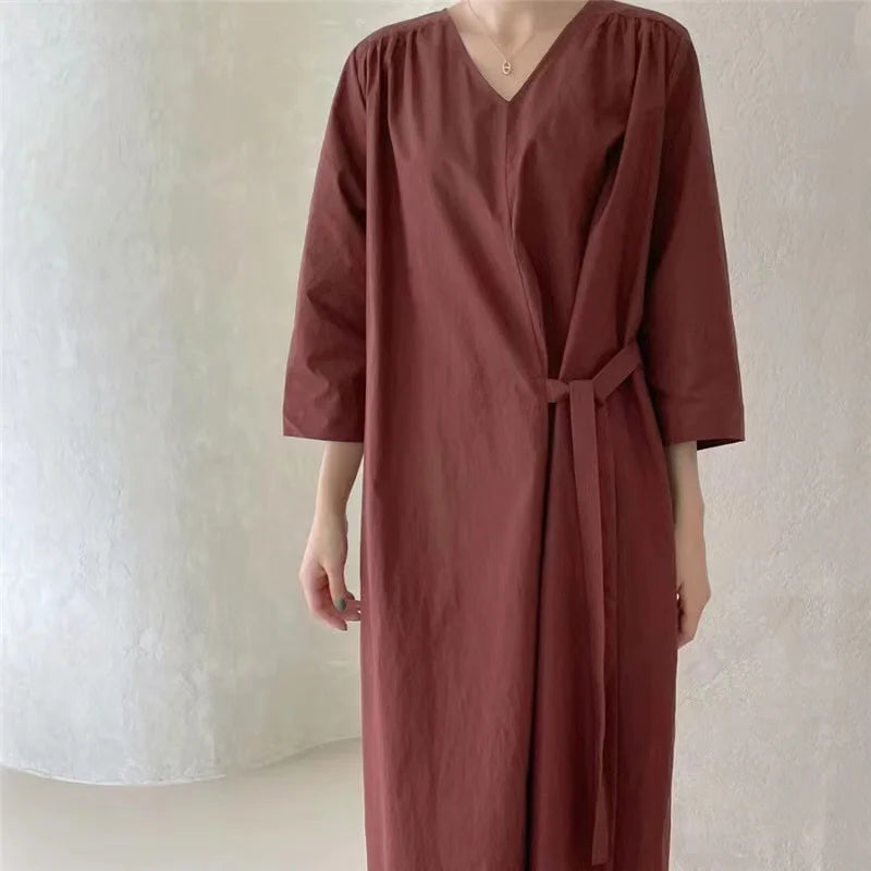 REALEFT 2024 New Summer Korean Vintage Women's Dresses Sashes Solid V-Neck Elegant Straight Loose Long Dress Female