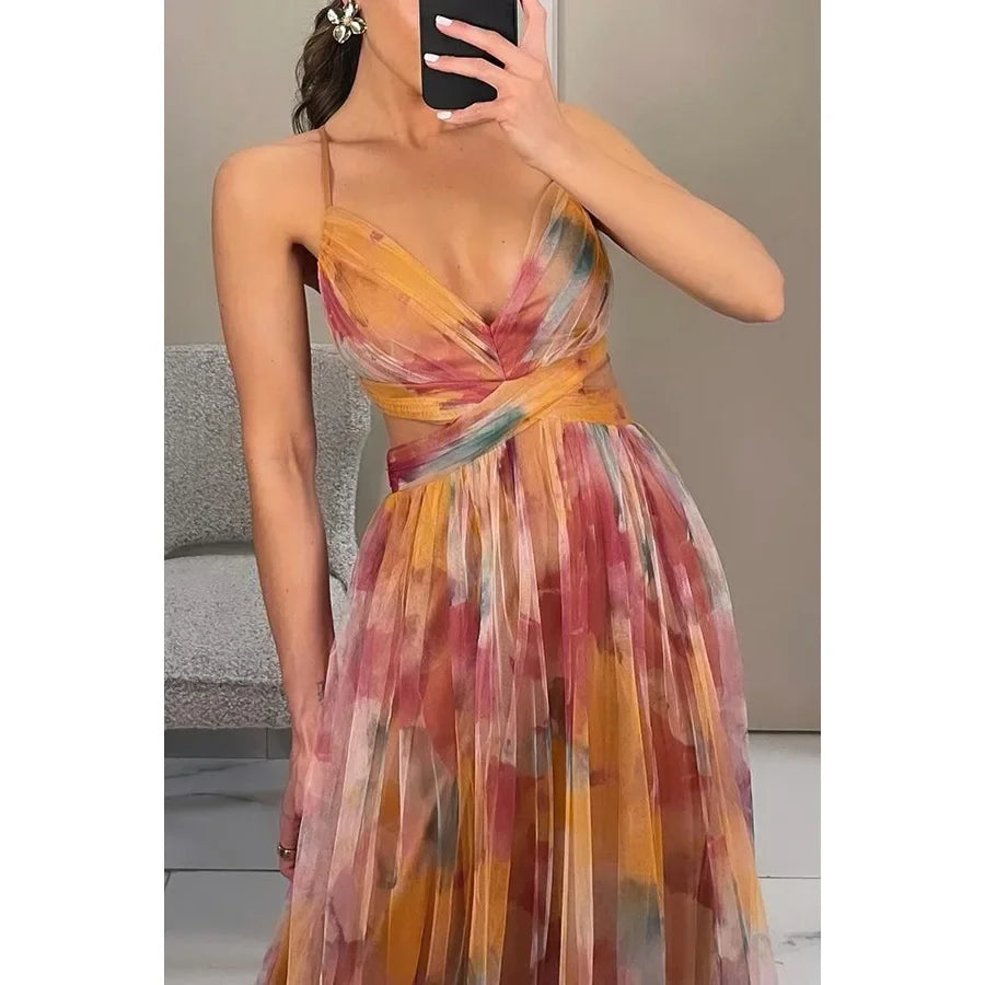 Color Mesh Spaghetti Strap Dresses Women Fashion Sexy V-neck Backless Leace-up Party Club Long Dress Female Evening Vestidos New