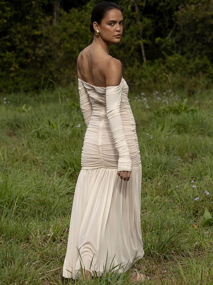 Mozision Off-shoulder Strapless Sexy Maxi Dress Women Summer New Patchwork Backless Long Sleeve Pleated Long Dress Elegant