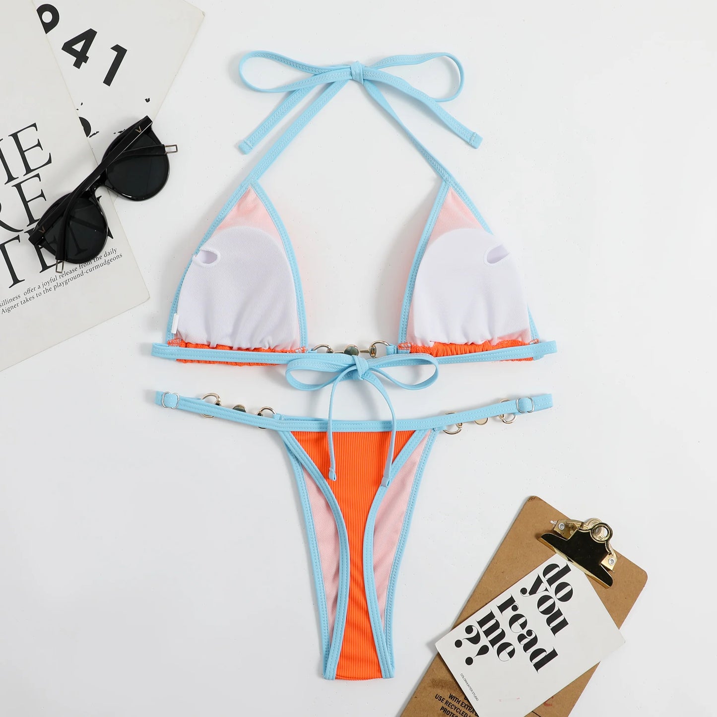 2023 New Sexy Ribbed Bikini Set Pearl Swimwear Women Swimsuit Female Halter Strappy Bikini Patchwork Bathing Suit Beachwear Swim