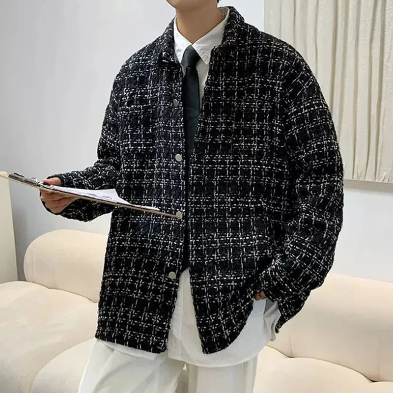 Men's Spring/Autumn/Winter Woolen Tweed Slim Fit Collarless Jacket with Color Blocking Design for a Youthful Look