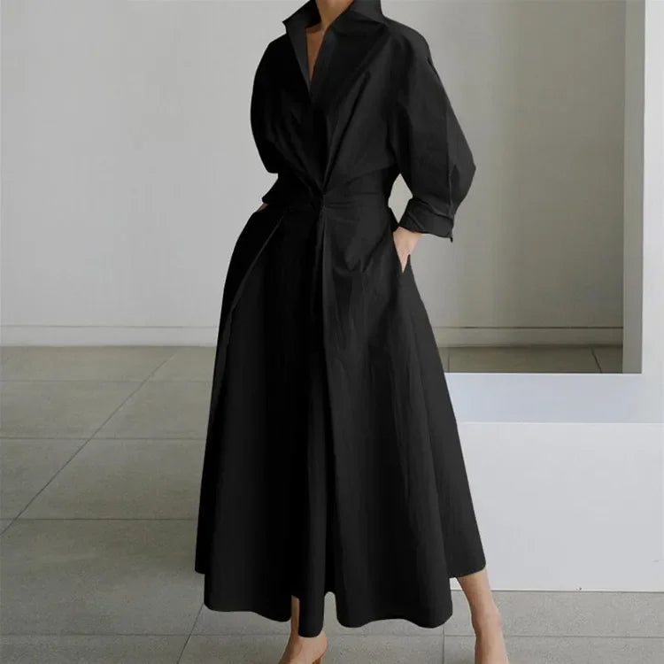 Spring Dress Long Sleeve Solid Color Cotton Linen Elegant Maxi Dresses For Women 2024 Casual V Neck Shirt Party Long Dress Robe
