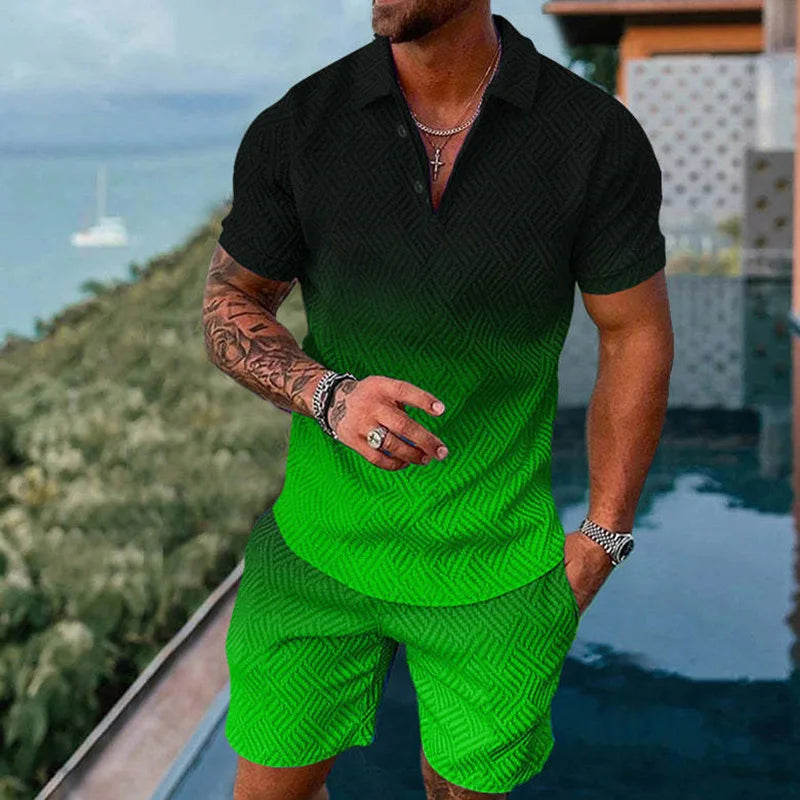 Solid Color Gradient Print Men's Sweatsuit Set Summer Casual Zipper Polo Shirt And Shorts 2pcs Sets Trend Man Pullover Clothing