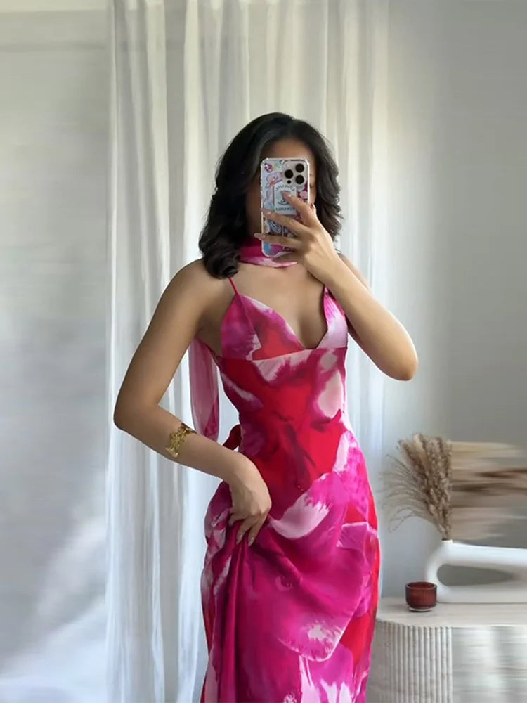 Elegant Printed Tighte Waist Women's Long Dress V-neck Slim A-line Robe 2025 Summer Beach Holiday Style Female's Long Dresses