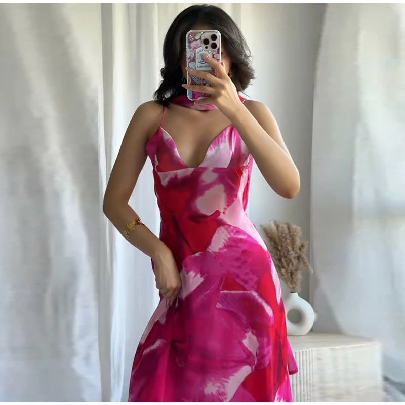 Elegant Printed Tighte Waist Women's Long Dress V-neck Slim A-line Robe 2025 Summer Beach Holiday Style Female's Long Dresses