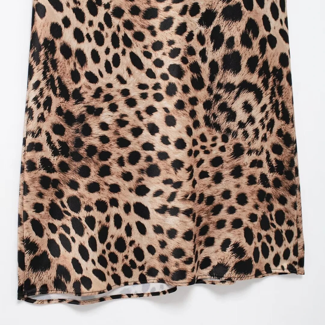 TRAF Women Fashion Summer New Underwear Backless Satin Texture Leopard Print Long Dress Chic Female French Elegance Evening