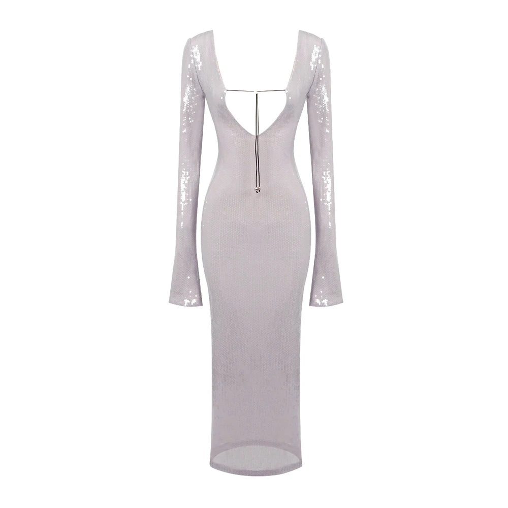 BEVENCCEL Sexy Luxury Sequins Deep V Long Sleeve Backless Sequins Long Dress Elegant Bodycon Maxi Evening Party Clubwear Dress