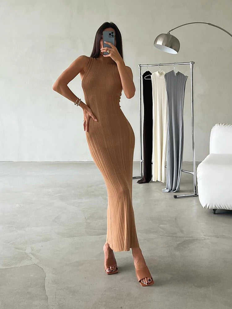 2024 Spring Summer Knitted Long Dress Women Elegant Turtleneck Sleeveless Basic Bodycon Solid Maxi Dresses Female Vestidos