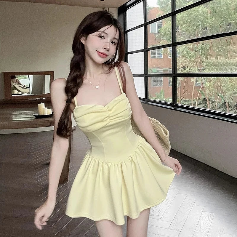Sexy Spaghetti Strap Folded A-line Dress For Women's Summer Casual Dresses