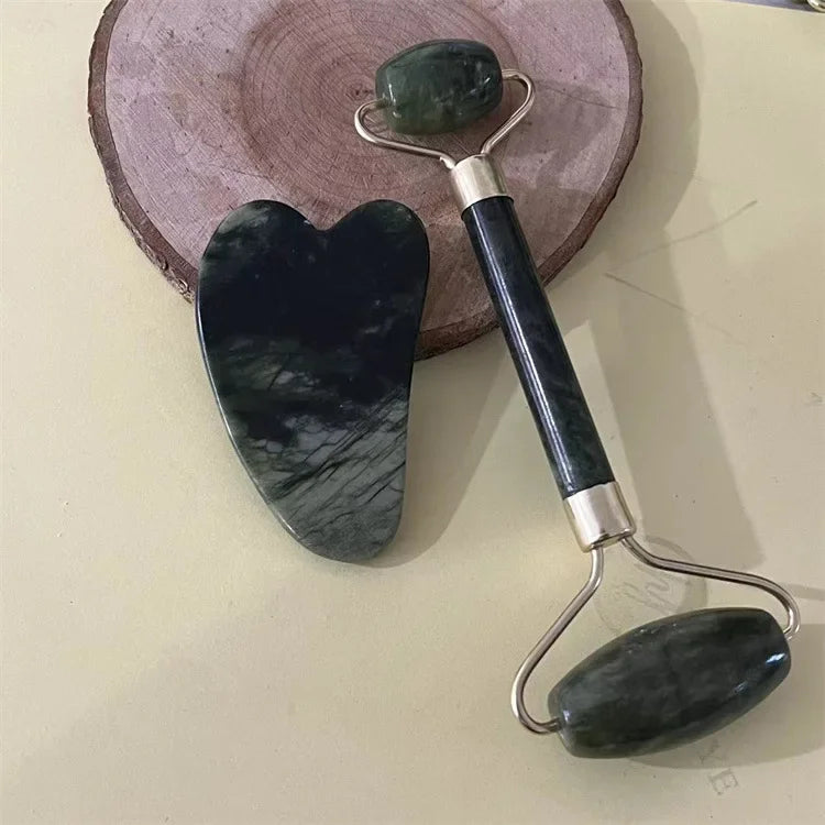 Natural Jade Double Head Roller Health Beauty Treatment Device Scraping Board Set Xiuyan Face Massager To Lift Remove Wrinkles