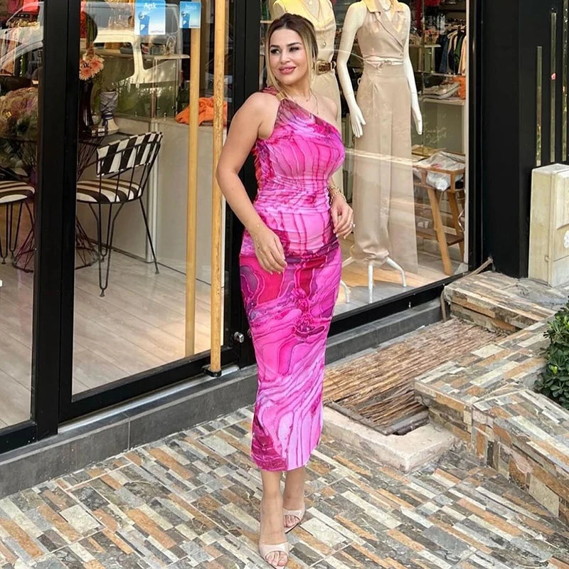 CUTENOVA Sexy Slash Collar Gradient Print Long Dress Summer Chic One-Shoulder Backless Party Dresses Sleeveless Hollow Slim Fit
