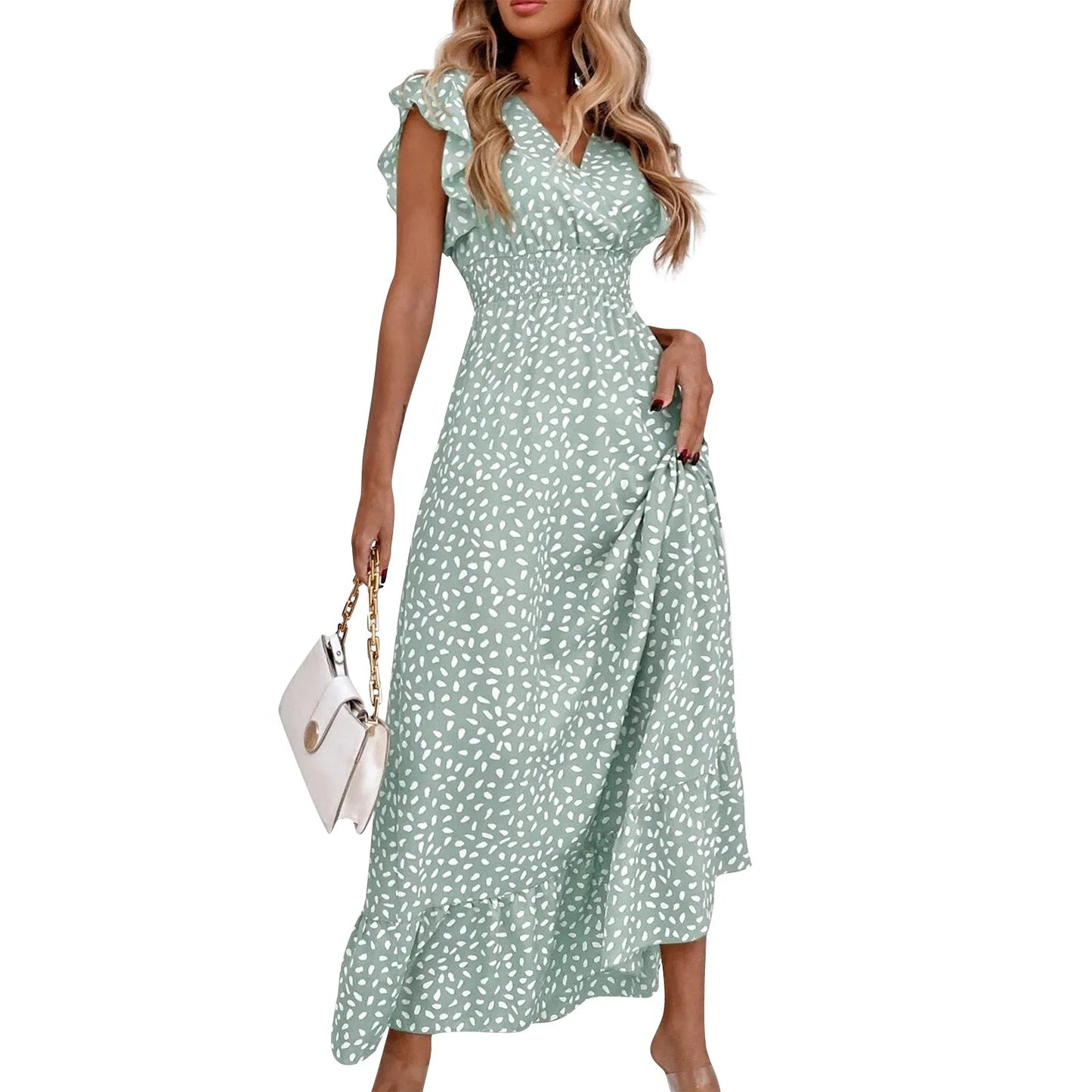 Polka Dot Dress For Women Sexy V-Neck Long Dress Casual And Fashionable Ruffle Edge Short Sleeved High Waisted Dress
