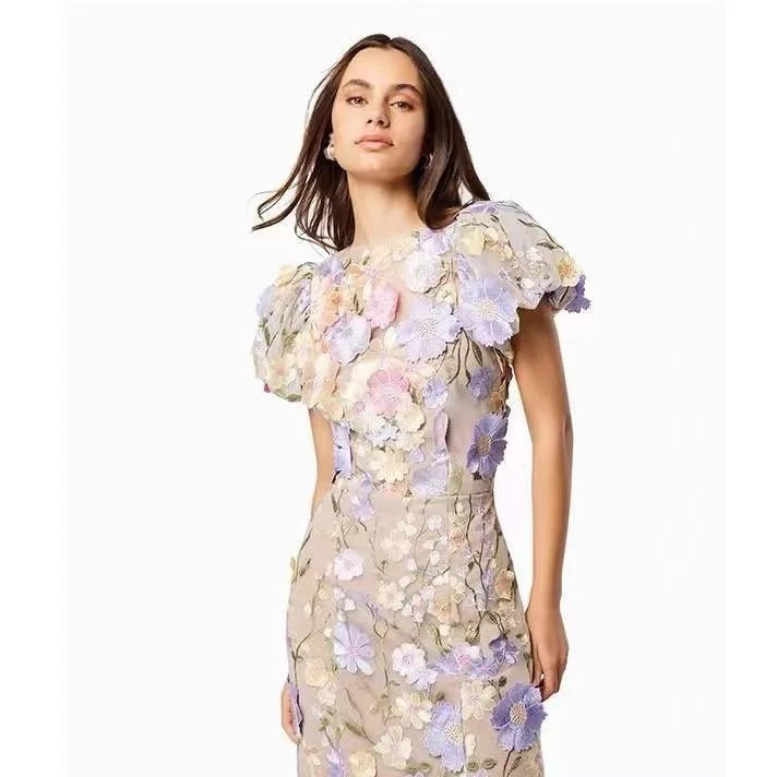 Women Long Dress Commuter Round Neck Embroidered Three-dimensional Floral Puff Sleeves Elegant High Waist Wrap The Buttocks