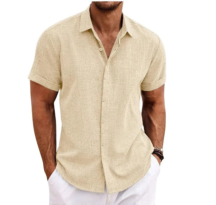 High Quality Cotton Linen Double Placket Men's Cardigan Short Sleeves Summer Home Use Lapel Shirt Cross-Border Style