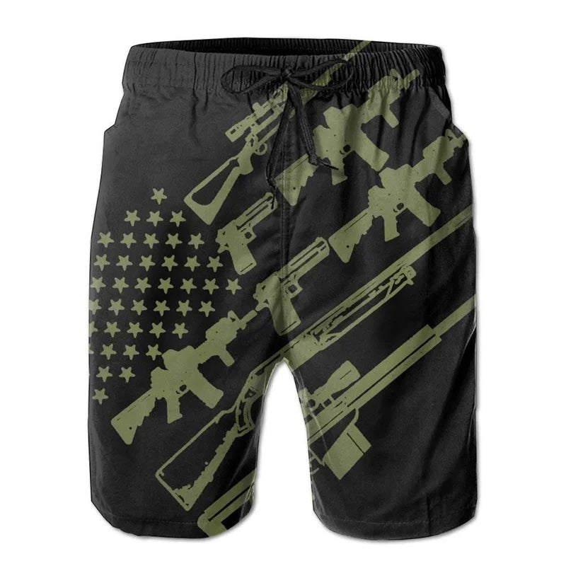 American Flag Gun Weapons Hawaii 3D Printing Hip Hop Board Shorts Summer Swimsuit Surf Swim Trunks Big Size Swimwear Men Beach