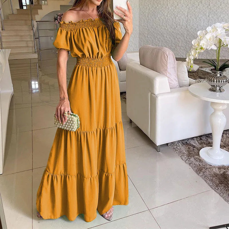 Women's Dress One-line Collar Spring And Summer Short-sleeved New Green Long Dress Fashion Casual Loose Beach Party Dresses Robe