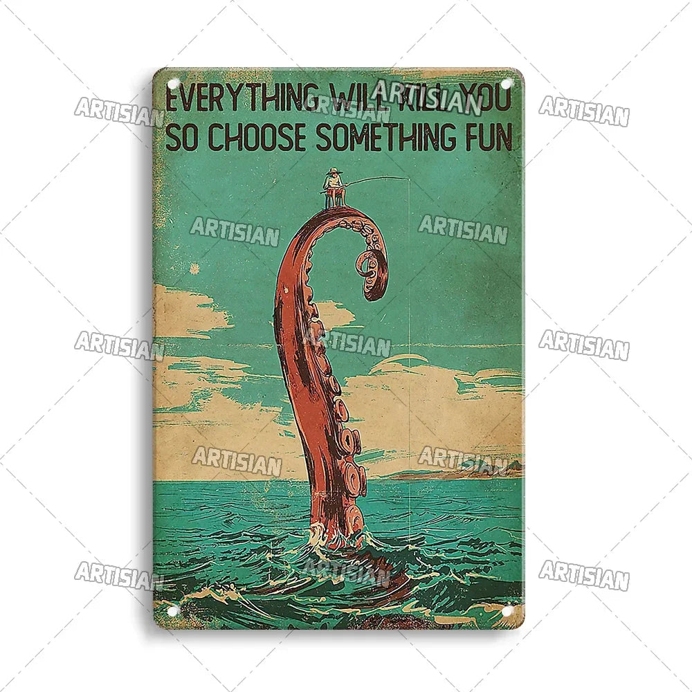 Artisian Fishing Metal Poster Sport Tin Sign Lure Bait Decorative Plaque Wall Decor Garage Bar Pub Club Hotel Cafe Kitchen Home