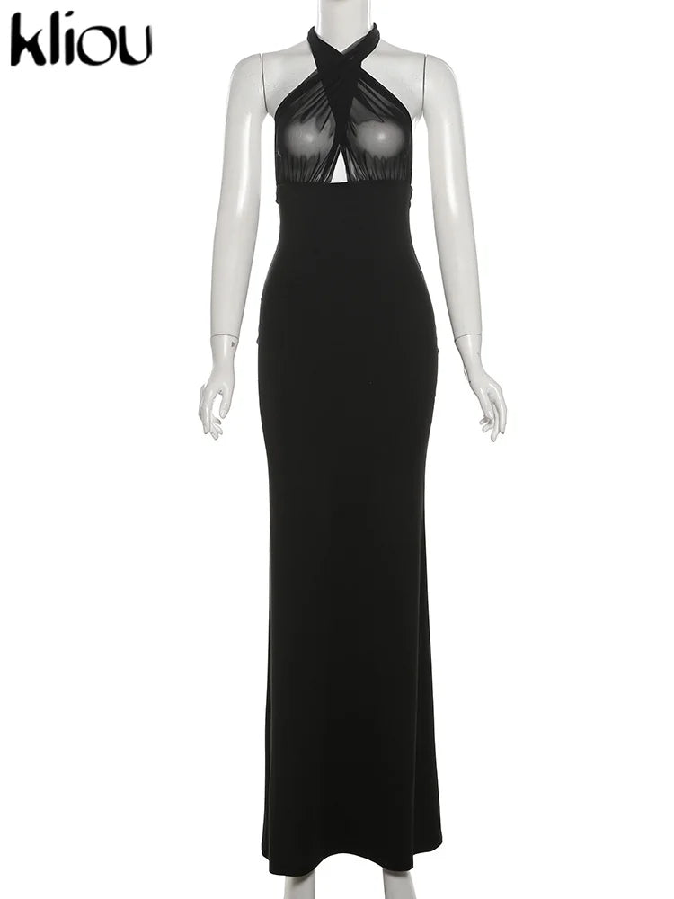kliou Ribbons Women Long Dress Patchwork Cross Halter Sleeveless Backless Straight Vestidos Female Elegant Evening Classic Robe