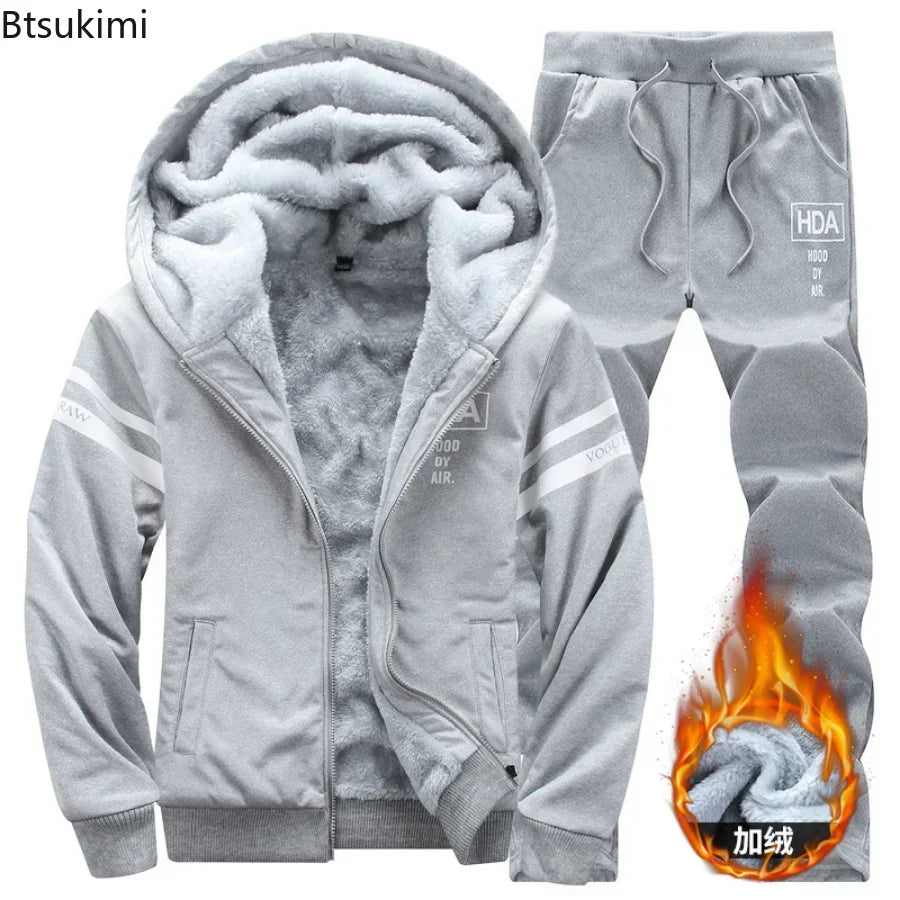 2025 Men's Thicken Warm Tracksuit Set Cardigan Fleece Hood Jacket+Pants Sweatshirts Male 2 Piece Sets Hoodies Suit Coat Big Size
