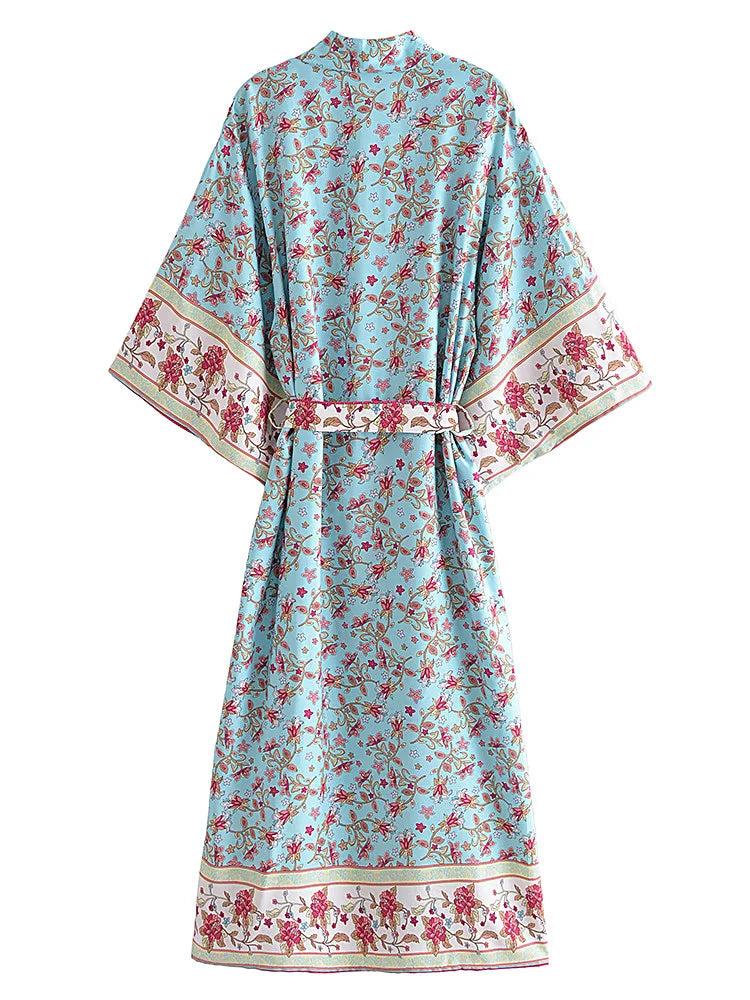 Vintage Chic Women Blue Floral Print Summer Bohemian Kimono Dress Ladies Batwing Sleeves Boho Maxi Bikini Cover-ups Beach Wear