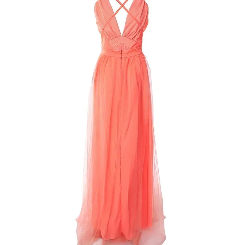 Women's Evening Party High Waist Floor Length Sexy Dress Orange Sleeveless Backless Gauze Long Dress