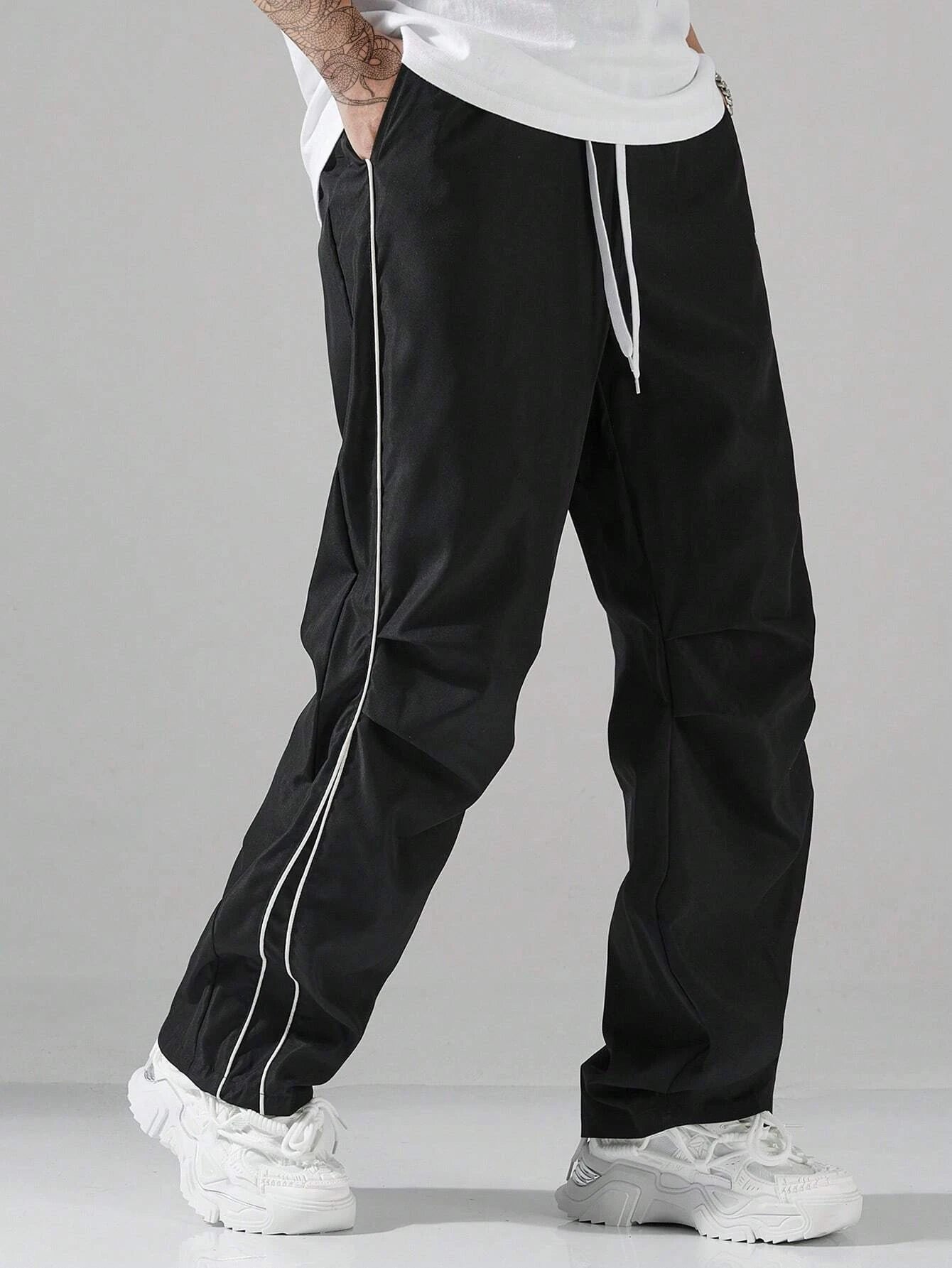 Larbulse Men Contrast Trim Trouser Fashion Casual Pants Solid Color Breathable Loose Straight Drawstring Pants Streetwear