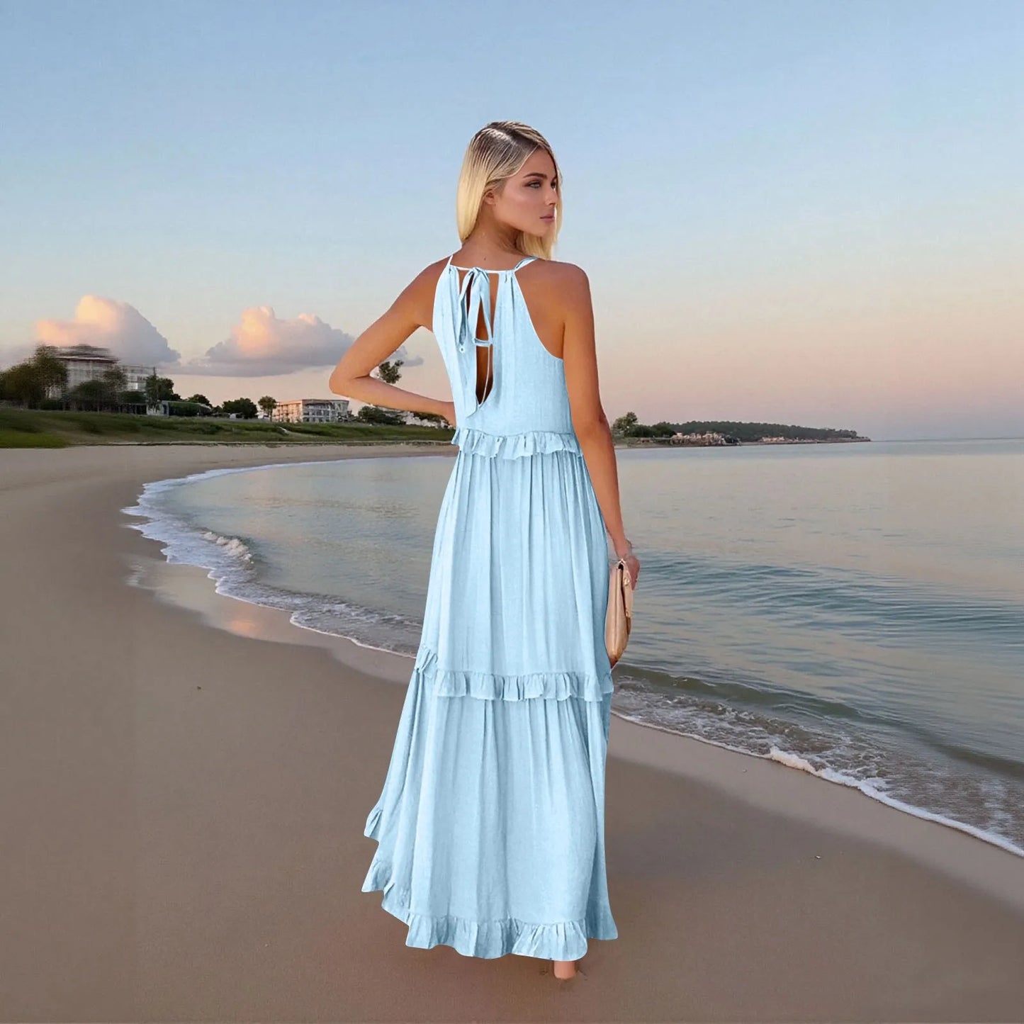 Women's Ruffled hem layered long dresses Summer Sleeveless backless dress Fashion Long Dress Big Swing Beach Dress vestidos