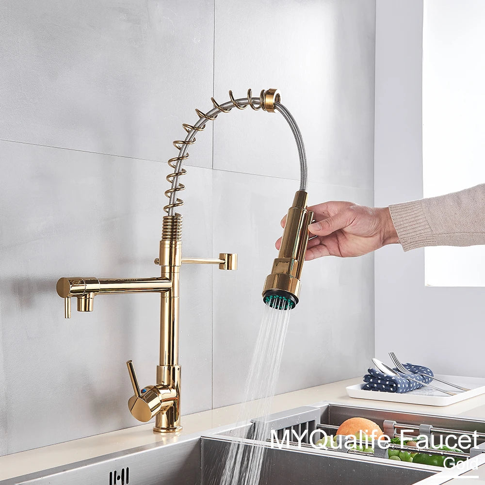 Black Pull Down Kitchen Sink Faucet Hot Cold Water Mixer Crane Tap with Dual Spout 360 Rotation High Faucet Deck Mounted
