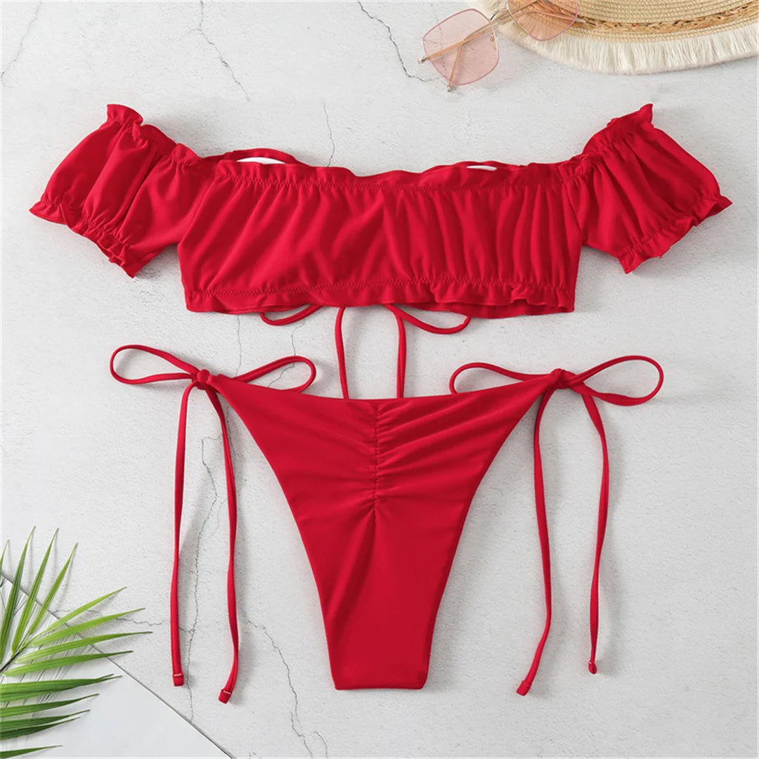 Off Shoulder High Cut Scrunch Butt Bikini Women Swimwear Female Swimsuit Two-pieces Bikini set Bather Bathing Suit Swim V6126