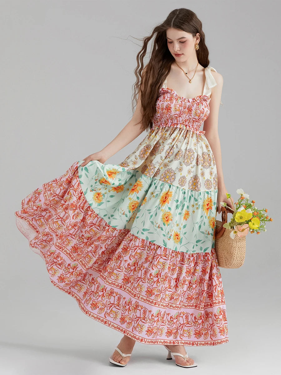 Combhasaki Women's Y2K Vintage Floral Print Ribbon Tie-Up Shoulder Straps Sleeveless V-Neck Summer Big Swing A-line Long Dress