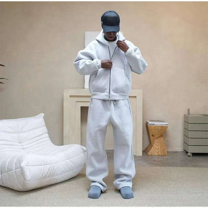 Korean Fashion Solid Color Sweatshirt Fleece Two-Piece Men's Y2K New Harajuku Casual Joker Straight Pants Couple Street Wear