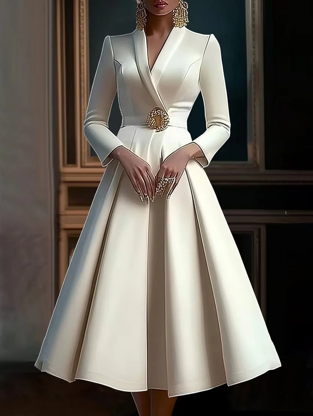 Elegant Women's Dress Wrap V Neck Long Sleeve Pleated Midi Dress Waisted Evening Party Dress Women's Long Dress Vestidos