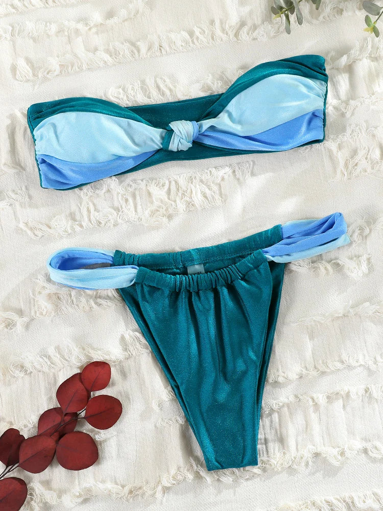 Patchwork Bikini Set for Women, Bandeau Swimsuit, Push Up Swimwear, Sexy Bikinis, High Cut Thong, Brazilian Beachwear, New