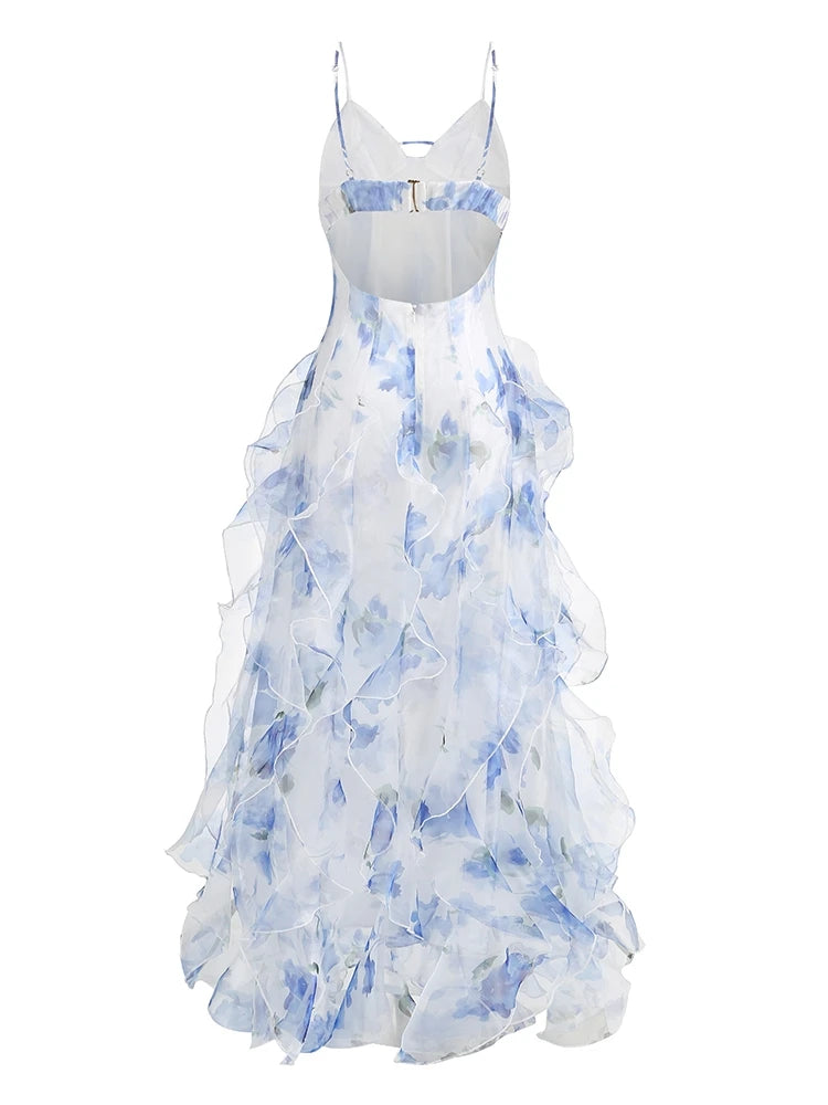 Summer Women Sleeveless Colorful Floral Printing Beach Long Dress Sexy Spaghetti Straps Backless Ruffles Split Dresses Holiday