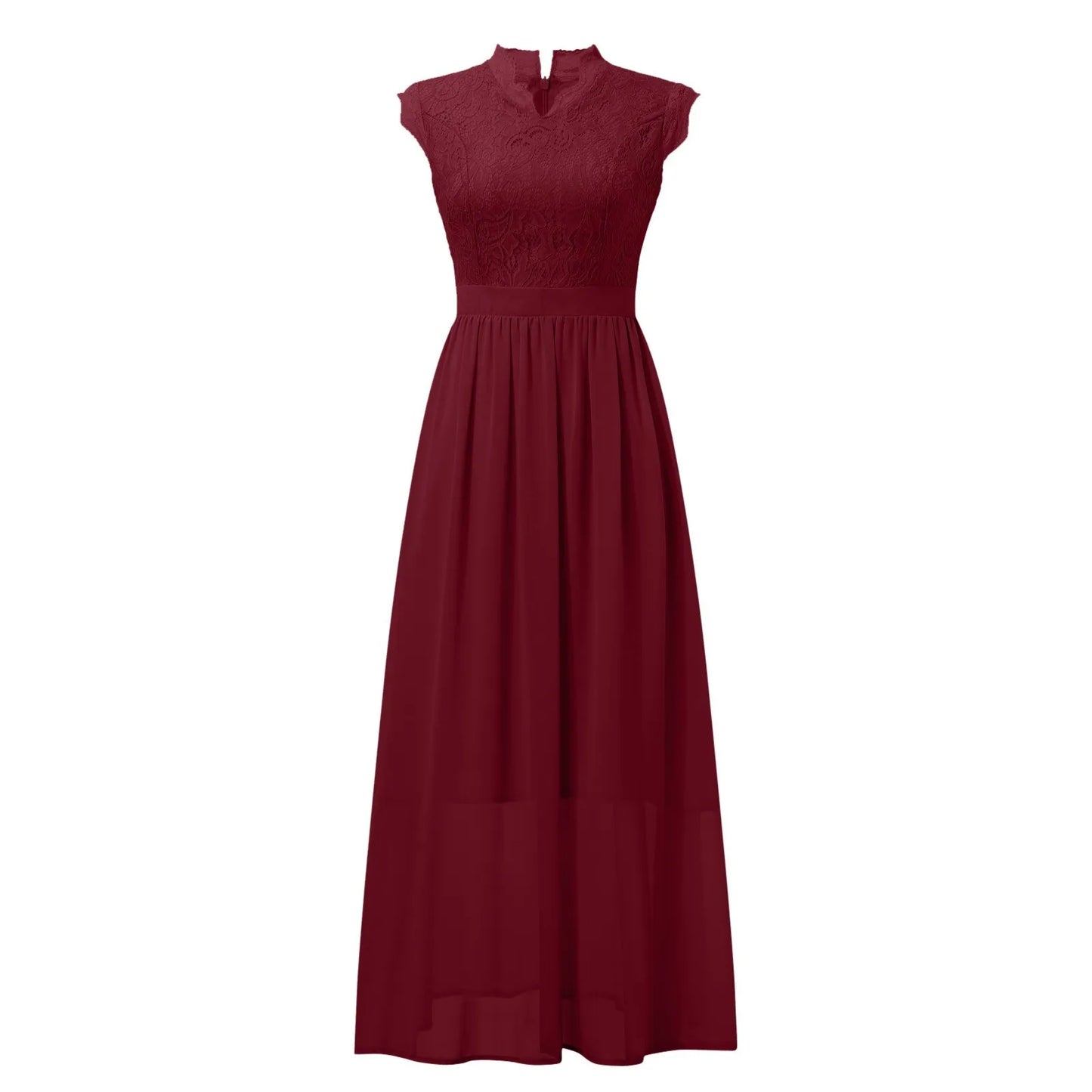 Elegant Women's Party Bridesmaid Long Dress Lace Patchwork Chiffon Sleeveless Wedding V Neck One Piece Formal Party Midi Dress