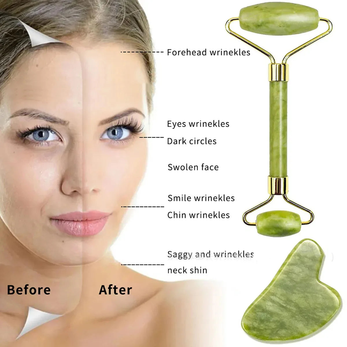 2PCS Gua Sha Natural Stone Gowoman Gua Sha Facial Stone Gua Sha Visage Roller for Face Massager Tool Gouache Scraper LBHL07