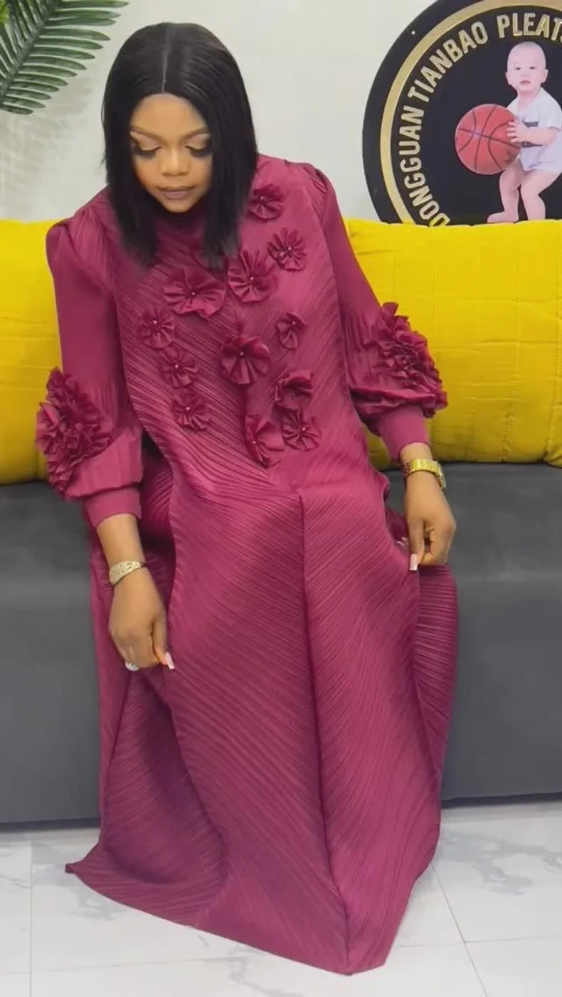 ANLAN Miyake Pleated Maxi Long Dress 3D Flower Splicing Lantern Sleeve Half Turtleneck Formal Dresses for Women 2025 New 5AN9928
